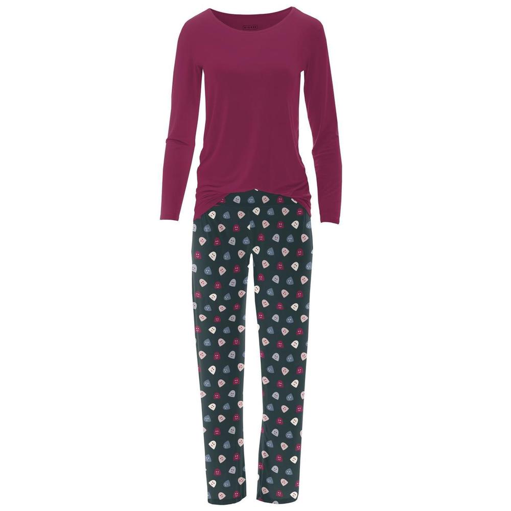NEW KICKEE women's long sleeve tee & pajama pants set in pine happy gumdrops